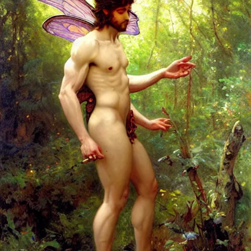 Image similar to attractive male fairy with wings in the forest, posing. highly detailed painting by gaston bussiere, craig mullins, j. c. leyendecker, 8 k