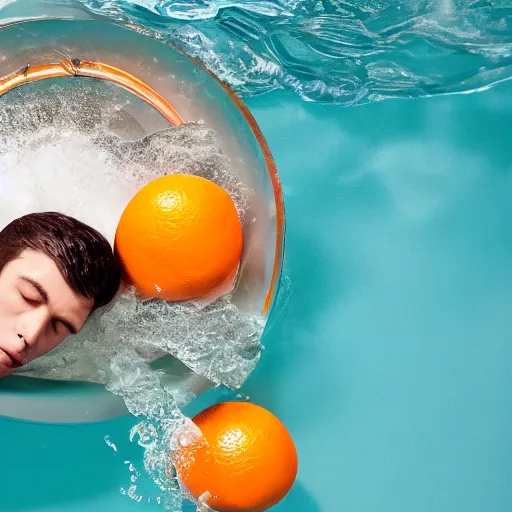 Prompt: a bird eye shot of the most beautiful young athletic slim male ever created sleeping in a chamber full of water, with oranges floating in the water, photographed by andrew thomas huang