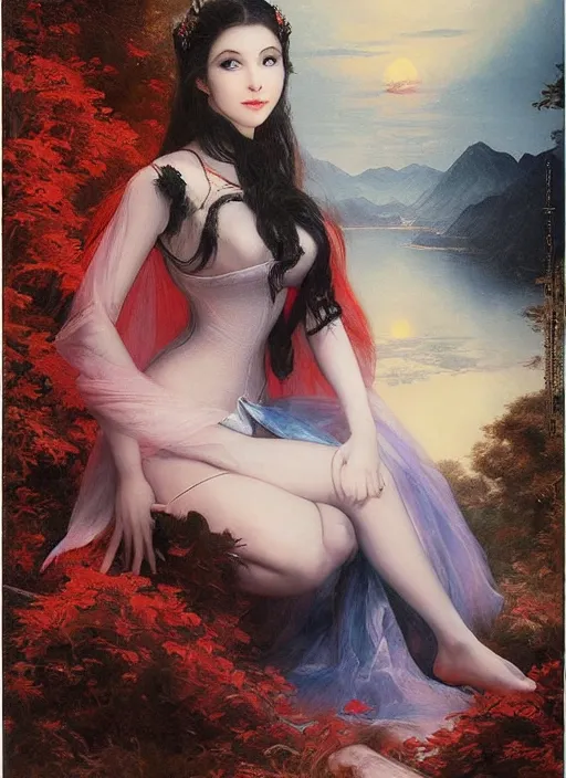 Image similar to Amouranth as an evil princess by Frederick Edwin Church, rule of thirds, seductive look, beautiful, in intergalactic Japan