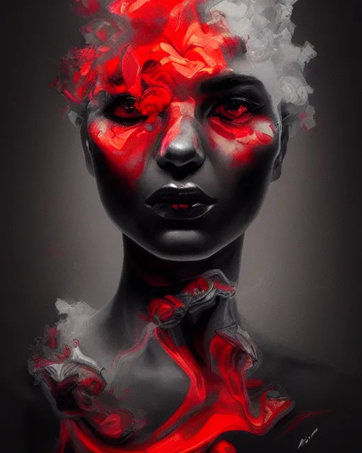 Image similar to molten obsidian cracked ink smoke black red portrait, by artgerm and wlop, tony sart, artstation, radiant light