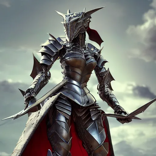 Prompt: highly detailed realistic stunning shot of a beautiful elegant anthropomorphic female dragon knight, armor made of steel, sharp claws and tail, cloak flittering in the wind, high quality, HD octane render, epic cinematography, Artstation, Deviantart, Furaffinity