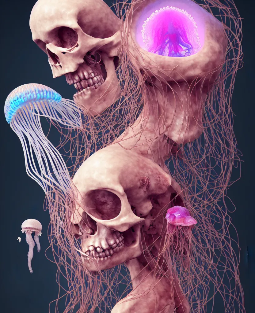 Image similar to goddess close - up portrait human skeleton, ram skull, jellyfish, orchid, betta fish, bioluminiscent, intricate artwork by tooth wu and wlop and beeple. octane render, trending on artstation, greg rutkowski very coherent symmetrical artwork. cinematic, hyper realism, high detail, octane render, 8 k