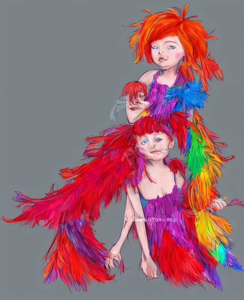 Image similar to little girl with eccentric red hair wearing a dress made of colorful feathers, concept art, smooth, cartoon art style