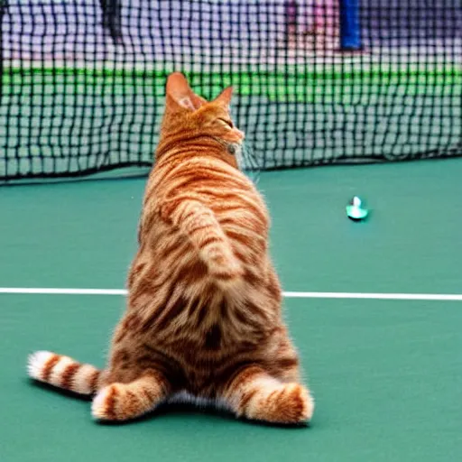 Image similar to Garfield cat playing tennis against a refrigerator