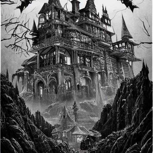 Image similar to black and white art deco style ink drawing of detailed the huge haunted house on the edge of a hill , highly detailed, fantasy art, in the style of greg rutkowski, epic, fantasy, intricate, hyper detailed, artstation, concept art, smooth, sharp focus, ray tracing