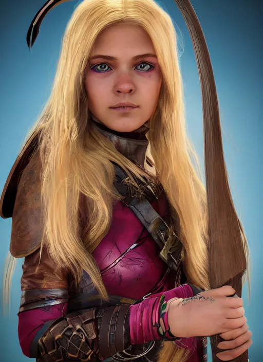 Image similar to An epic fantasy comic book style portrait painting of a young girl with long blonde hair and blue eyes. Wearing brown and magenta leather tribal combat clothes. She is holding hunting bow. Unreal 5, DAZ, hyperrealistic, octane render, cosplay, RPG portrait, dynamic lighting