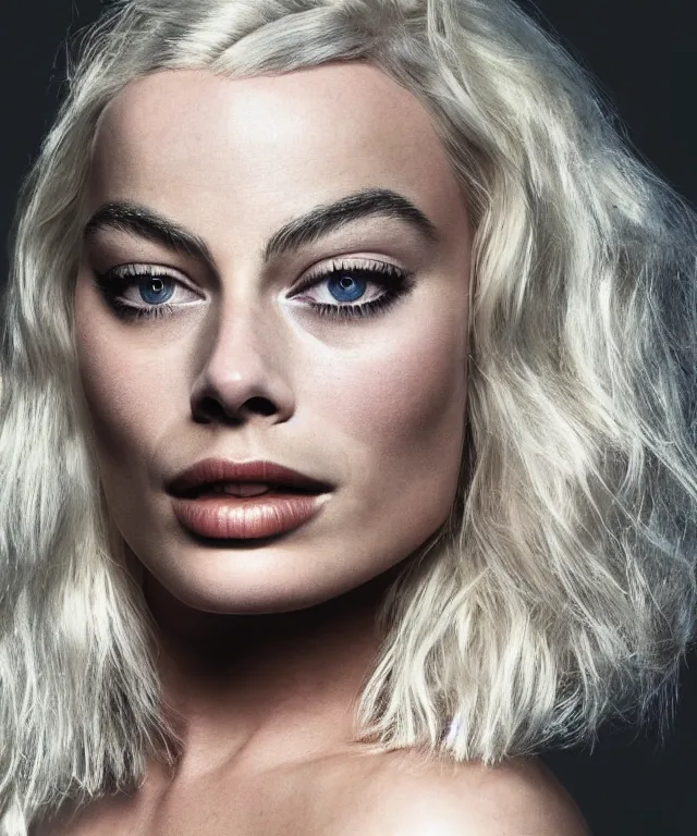 Prompt: photo of margot robbie, platinum blond, intense, exaggerated facial features, photorealistic caricature, by sebastian kruger