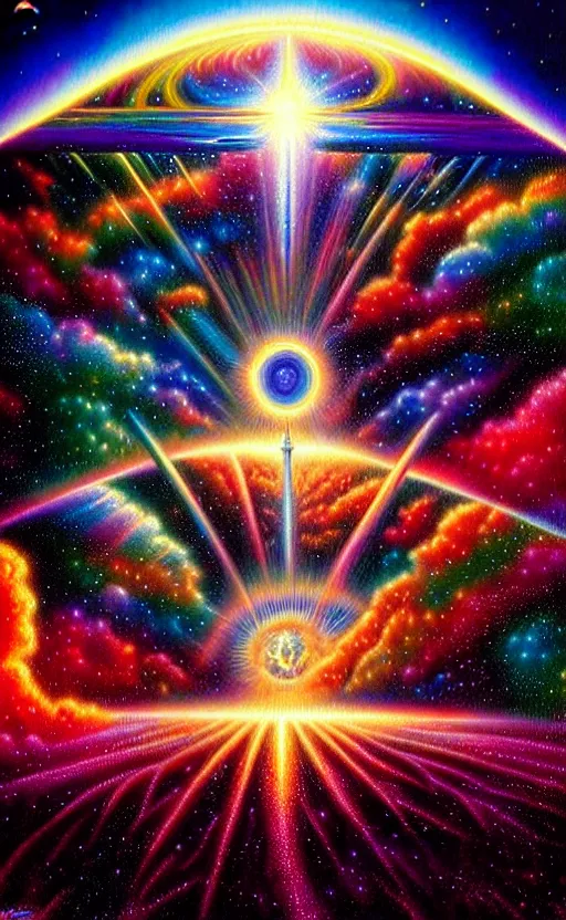 Prompt: a photorealistic detailed image of a beautiful vibrant iridescent future for human evolution, spiritual science, divinity, utopian, by david a. hardy, hdr, kinkade, lisa frank, wpa, public works mural, socialist