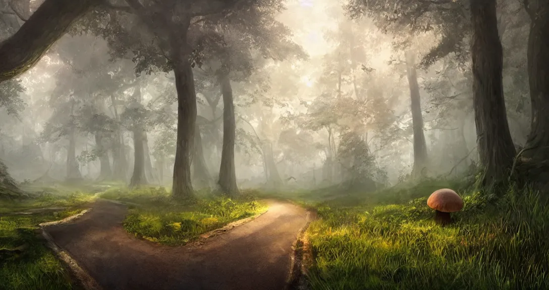 Image similar to road in a forest, giant mushrooms, morning light, mist, highly detailed, fantasy art, myst engine