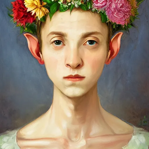 Prompt: portrait of an elf holding a dagger. he wears a crown of flowers. baroque portrait, 8k ultra HD, by esao andrews