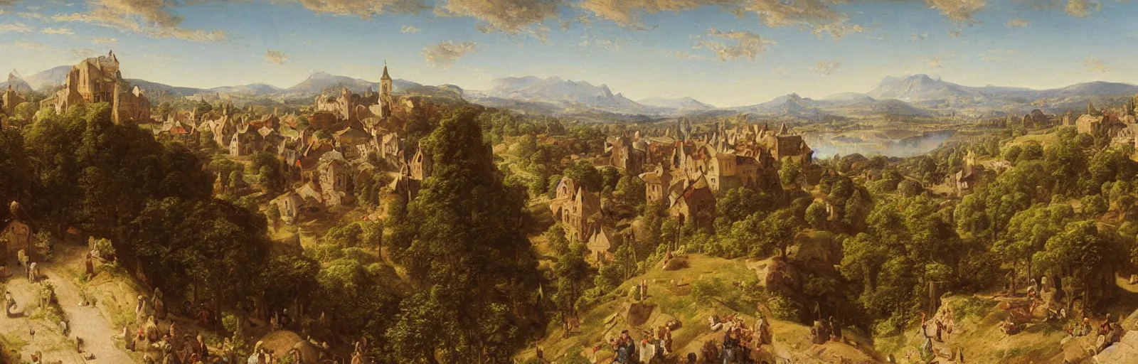 Prompt: a painting of a medieval town on top of a mountain, a matte painting by Charles Cundall,hudson river school,flemish school, matte painting, rococo, detailed painting