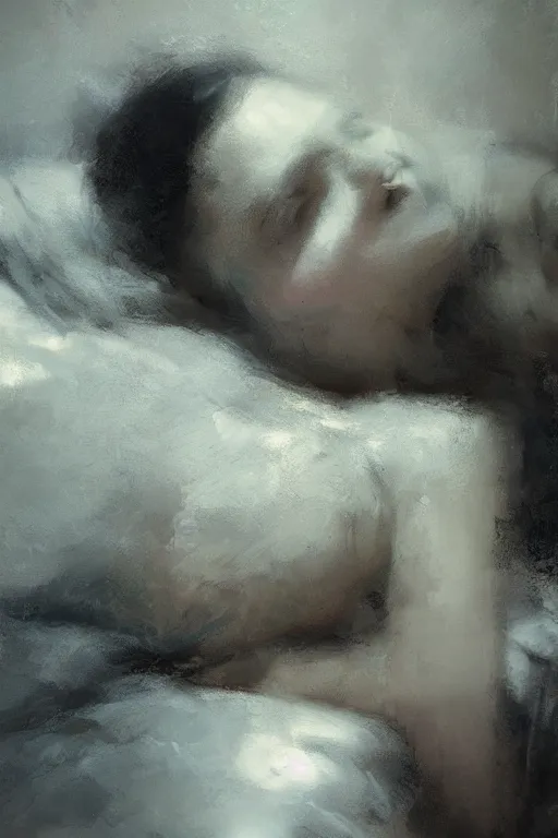 Prompt: detailed cinematic moody colors studio portrait of the memories of a lady in bed, high quality by jeremy mann, only one head single portrait