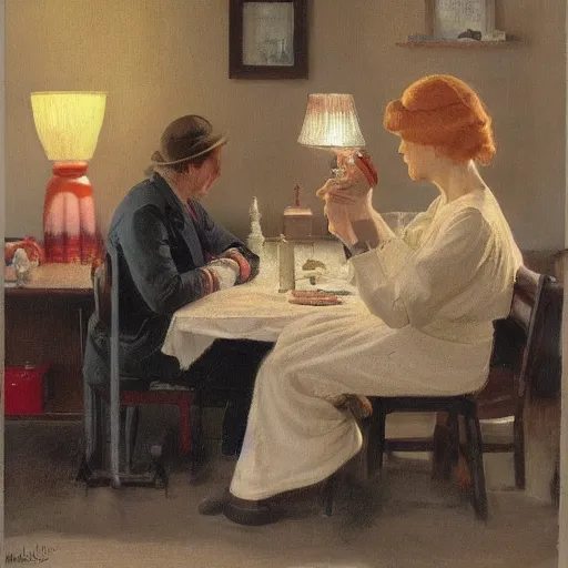 Image similar to by harold harvey over - the - shoulder shot, super mario bros lush, relaxed. a drawing of two people, a man & a woman, sitting at a table. the man is looking at the woman with interest. the woman is not interested in him. there is a lamp on the table between them.