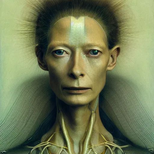 Prompt: Woman masterpiece, Tilda Swinton, beautiful eyes, yellow, golden halo behind her head, wires everywhere, by Edgar Maxence and Ross Tran, Zdzisław Beksiński, and Michael Whelan, distant, gustav dore, H.R. Giger, 8k, octane render