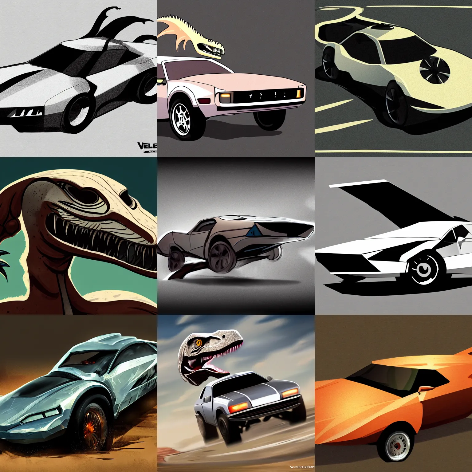 Prompt: velociraptor car, splash art, concept art, modernism