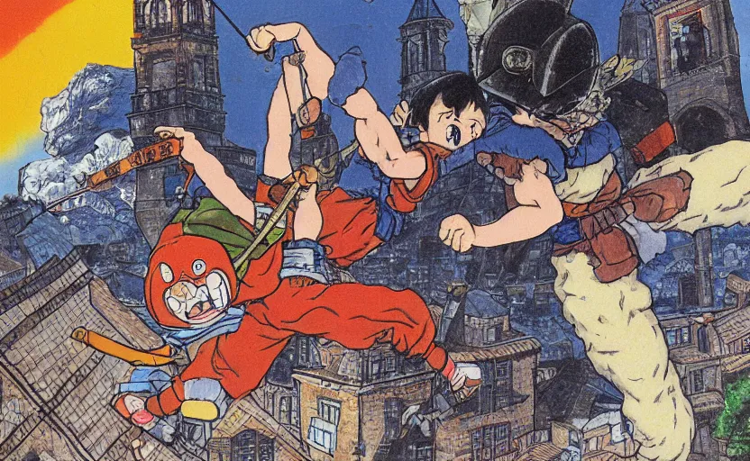 Image similar to a boy fighting a wolf on the edge of a clocktower, by akira toriyama gouache, print