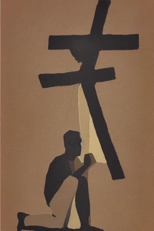 Image similar to man kneeling at the base of a wooden cross, 1960’s minimalist advertising illustration, painterly