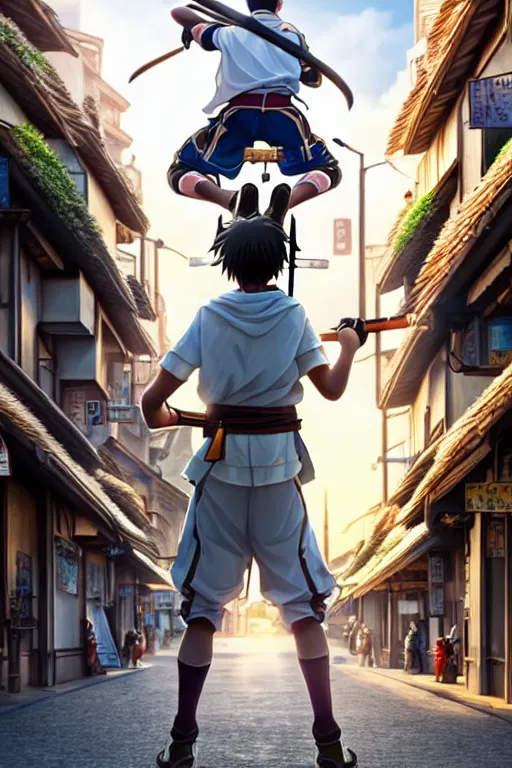 Image similar to ultra detailed keyart of sci - fy movie, a boy carrying a sword in his back is riding a simple bycycle in the main street of isekai shinjuku