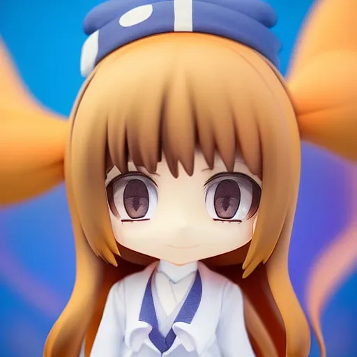 Image similar to character face portrait of a singular kawaii chibi in the sytle of kyoto animation, in simple background, nendoroid eyes, blender, toon rendering, toon shader, anime waifu, hokusai