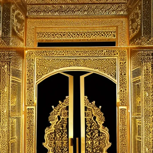 Prompt: highly detailed intricate golden arabic garden gate to magical lands at night