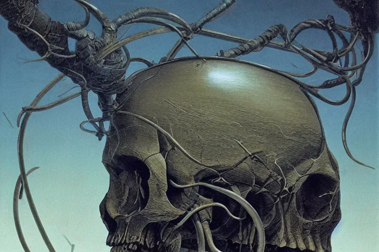Image similar to intricate, smooth, large metallic skull atop coil of thick pipes, inside a dark room, style by caspar david friedrich and wayne barlowe and ted nasmith.