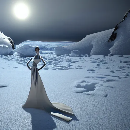 Prompt: avant-garde art, deco fashion, highly detailed, photorealistic portrait, serene antartica snow setting, cloudy weather, crisp quality and light reflections, unreal engine 5 quality render