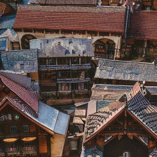 Image similar to traditional city with tiled roofs surrounded by a wooden wall, texture, intricate, details, highly detailed, masterpiece, architecture, building, trending on artstation, focus, sharp focus, concept art, digital painting, fantasy, sunny, day, midday