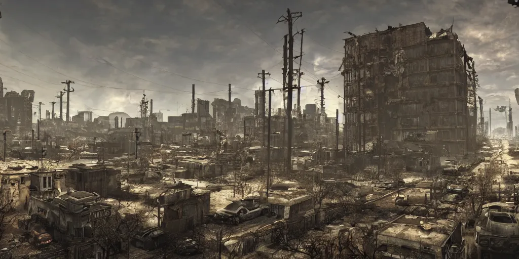 Prompt: post - apocalyptic city, fallout style, fallout 3, fallout 4, fallout 7 6, digital art, 4 k,