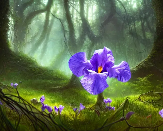 Image similar to detailed concept art of an iris flower in an magical forest by james gurney in the style of yoshitaka amano, depth of field, unreal engine, 8 k, sharpness, artstation, award - winning realistic sci - fi concept art, in the style of james gurney.