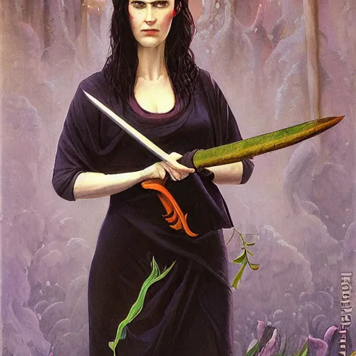 Image similar to portrait of a roaring pale woman with a garden weapon, by Gerald Brom