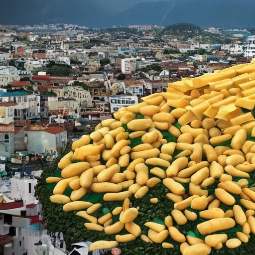 Prompt: a city made of cheese surrounded by an ocean of beans