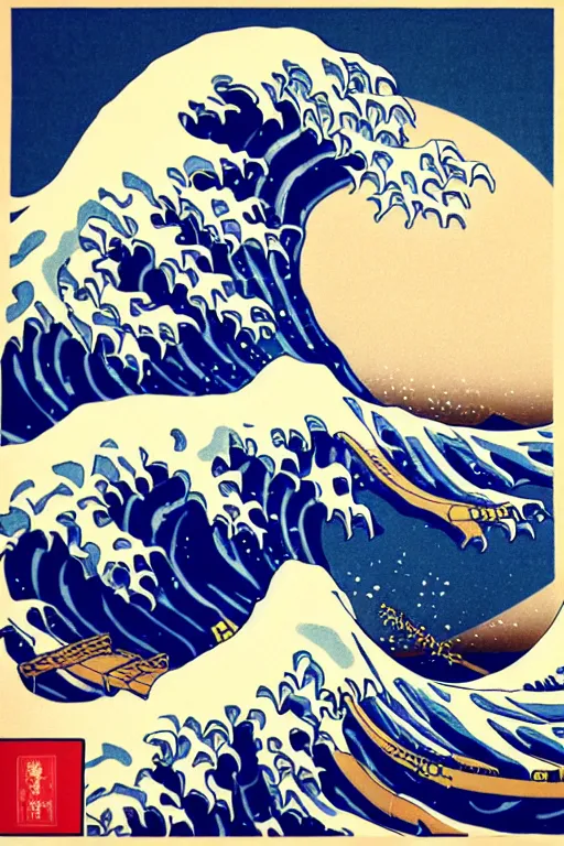 Prompt: Shepard Fairey The Great Wave off Kanagawa, sun in the background