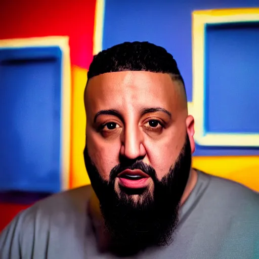 Image similar to ultra detailed portrait photo of dj khaled in a studio, blue, under red and yellow cinematic lighting, by van gogh