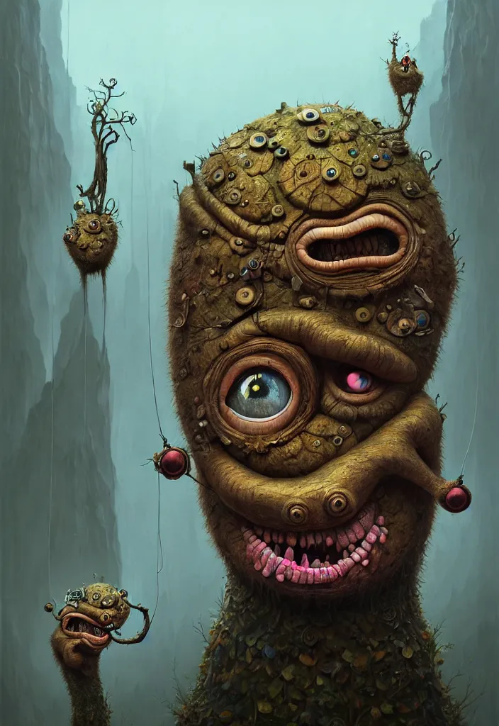 Image similar to anthropomorphic highly detailed cute funny neon giant gediminas pranckevicius portrait of a monster in the sinister valley of despair, one mouth, one nose, two eyes, oil painting by tomasz jedruszek, cinematic lighting, pen and ink, anthropomorphic intricate, elegant, highly detailed, digital painting, artstation,