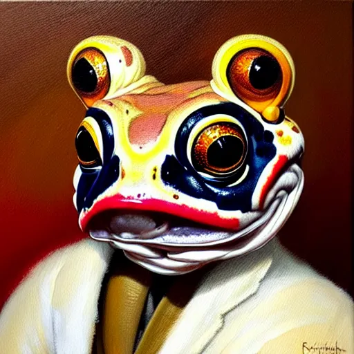 Image similar to a head and shoulders portrait painting of an anthropomorphic!!!!!!!!!! amazon milk frog!!!!!!!!!! wearing a colonial!!!!!!!!!! outfit without a hat looking off camera, a character portrait, romanticism, oil on canvas, visible brushstrokes, intense colors