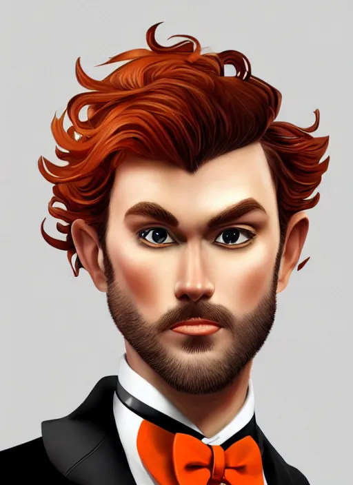 Prompt: illustration of a short curly orange hair man with tuxedo as a portrait, smooth, reflects, masterpiece artwork, ultra detailed, artgerm, style by pixar, digital art, trending on artstation, behance, deviantart