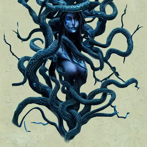 Prompt: dark queen of snakes, crown of snakes, blue skin, realism, dark fantasy, surrounded by thorned vines, unreal engine, artstation