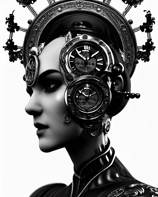 Image similar to black and white side portrait ultra detailed, beautiful female android with steampunk mechanical detailed ornate face, crown, deity, sharp focus, highly detailed global illumination, concept art. 8 k