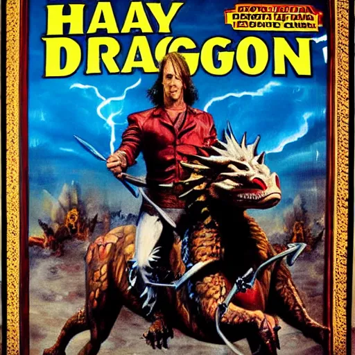 Image similar to heroic painting of Saul Goodman riding a dragon as the cover of a Heavy Metal magazine from the 1980s