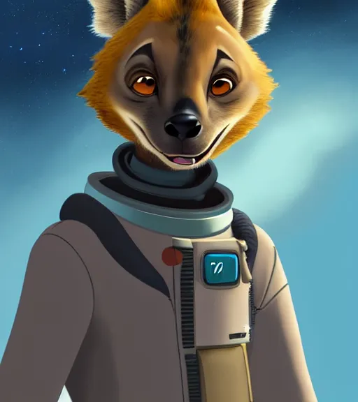 Image similar to digital detailed full body of anthromorphic female hyena, in style of zootopia, fursona, furry, furaffinity, 4 k, deviantart, wearing astronaut outfit, in style of zootopia, floating in space, space background, in deep space, dark background, hyena fursona, cyberpunk, female, detailed face,