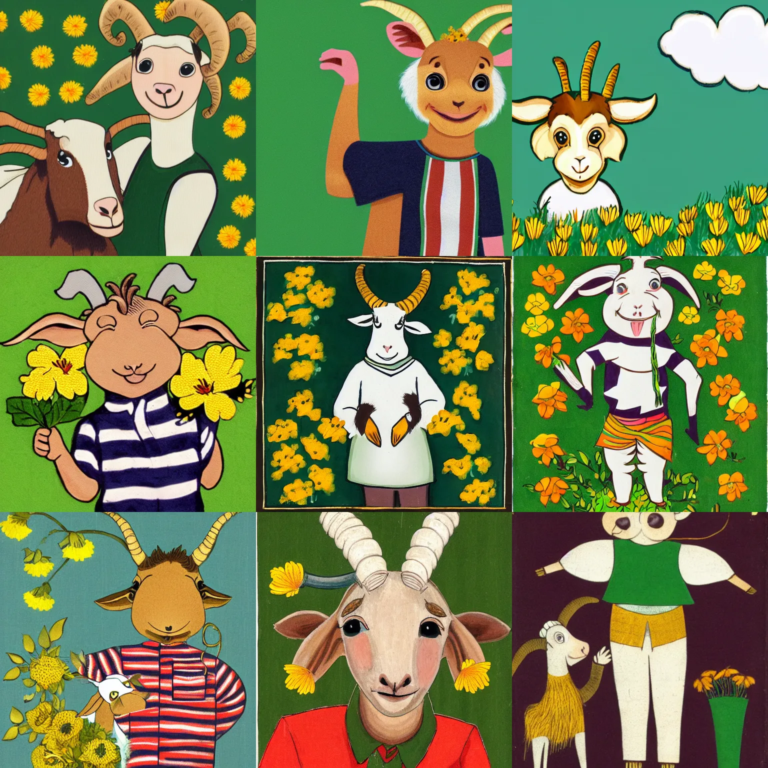 Prompt: an anthropomorphic goat child wearing a striped green shirt and bashfully holding golden flowers