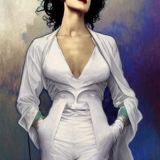 Image similar to beautiful portrait of androgynous ruby rose as desire from sandman in a white tuxedo!!!, rockabilly style, by alphonse mucha, cedric peyravernay, by jeremy mann, by frank moth, white suit and black tie, soft lightning, high detailed, 8 k