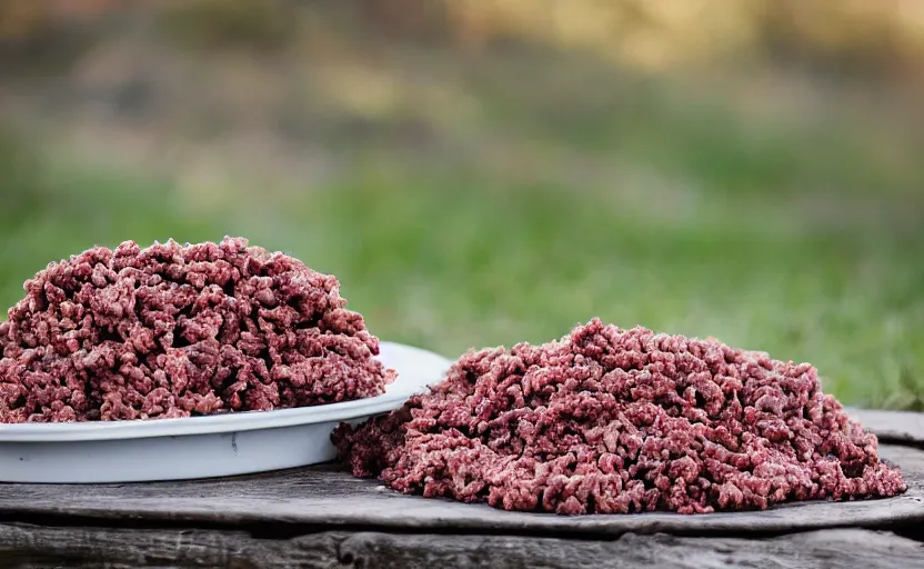 Prompt: a pile of ground beef, outdoors, product photography