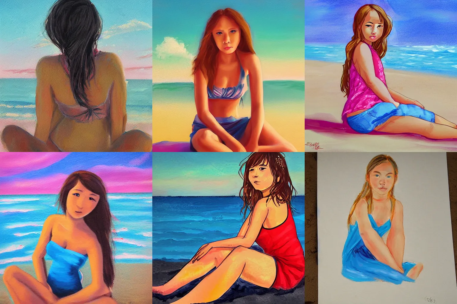 Prompt: portrait of a beautiful girl sitting on the beach, art by Sam Yang, samdoesarts.