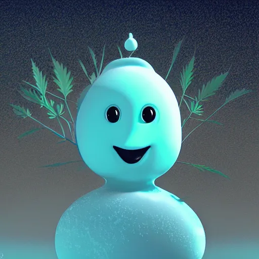 Image similar to a portrait of a mochi cannabis snowball character in a gelatinous ❄ environment 3 d rendered in octane, by eyvind earle