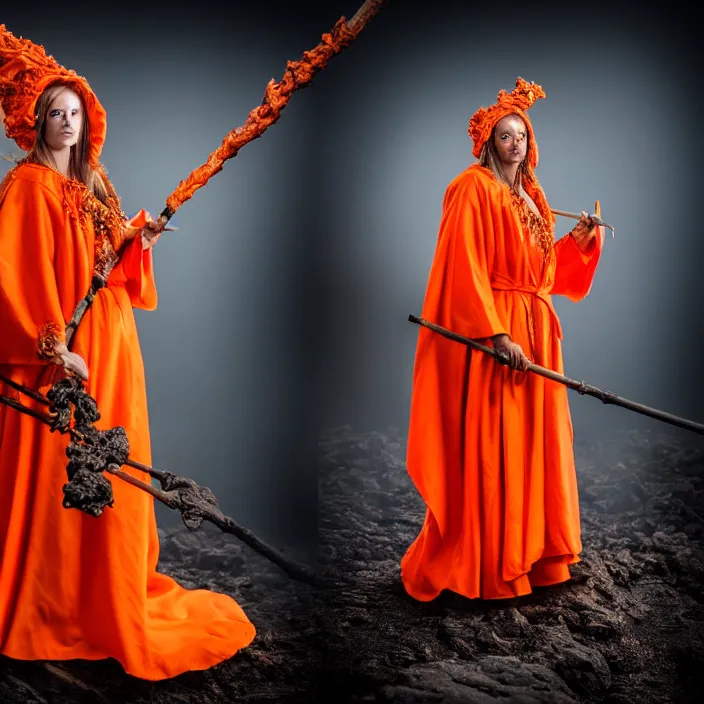 Prompt: professional photograph of a real-life beautiful elemental volcano witch with ornate orange robes and staff. Extremely detailed. 8k