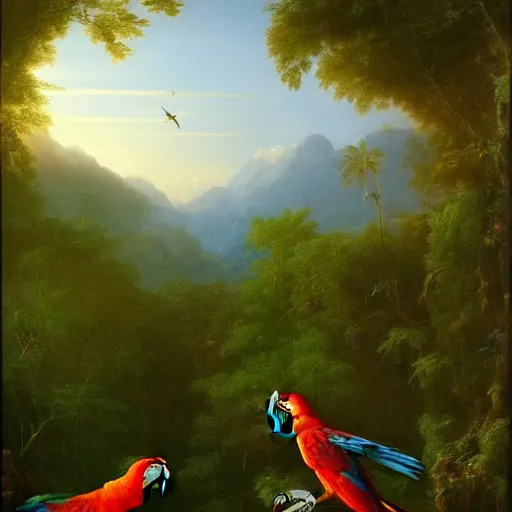 Image similar to gorgeous macaws flying at dawn in the distance through the forest, jungle mountains in the background, sentient bird, highly detailed, heavenly lighting, trending on art station, very detailed birds, painting by thomas cole