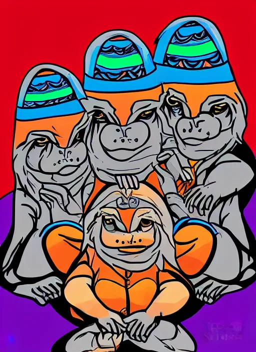 Image similar to digital art illustration of the three wise monkeys, colorful digital art by ralph goings, soft edges, brightly coloured comic book style painting