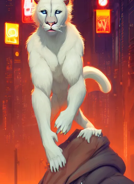 Prompt: award winning beautiful portrait commission of a male furry anthro albino mountain lion fursona with a tail and a cute beautiful attractive detailed furry face wearing stylish cyberpunk clothes in a cyberpunk city at night while it rains. Blue and Orange. Character design by charlie bowater, ross tran, artgerm, and makoto shinkai, detailed, inked, western comic book art
