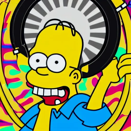 Prompt: svg sticker of a Homer-Simpson at a rave, spinning records, giant headphones rocking out, wearing headphones, huge speakers, dancing, rave, DJ, spinning records, digital art, amazing composition, rule-of-thirds, award-winning, trending on artstation, featured on deviantart